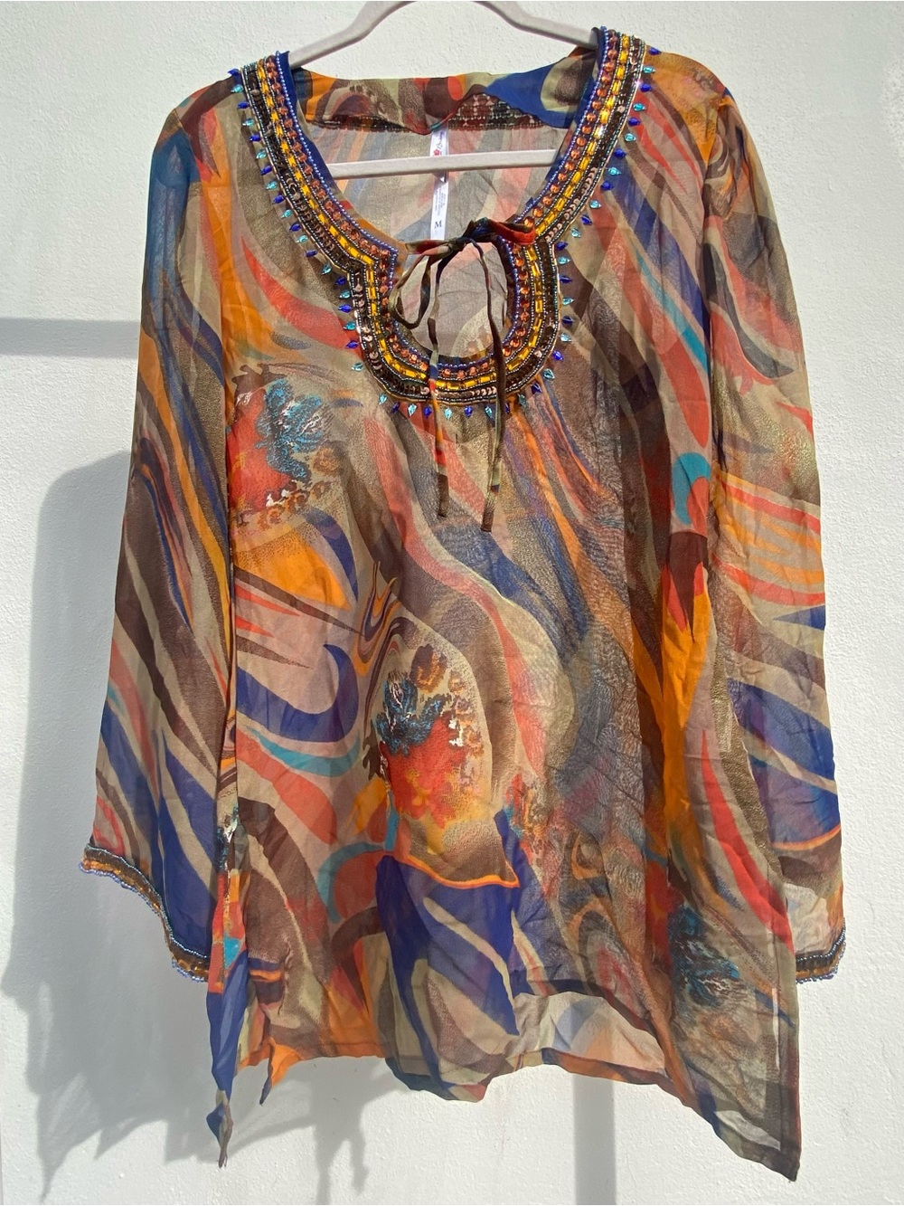 Boho Fairy Orange & Blue Multicolor Beaded Sheer Abstracr Print Tunic Dress M